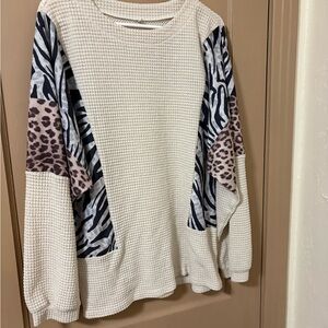Women's Cream Waffle Knit Top with Animal Print Sleeves